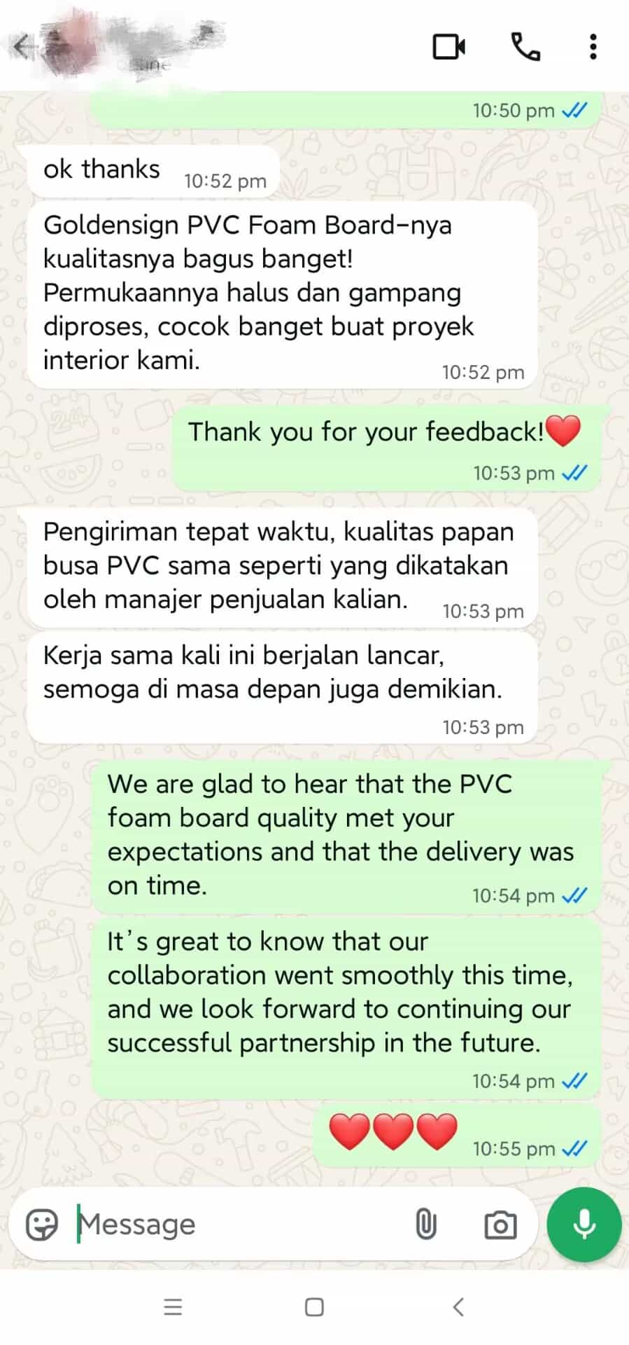 欧德赛pvc发泡板印尼客户反馈